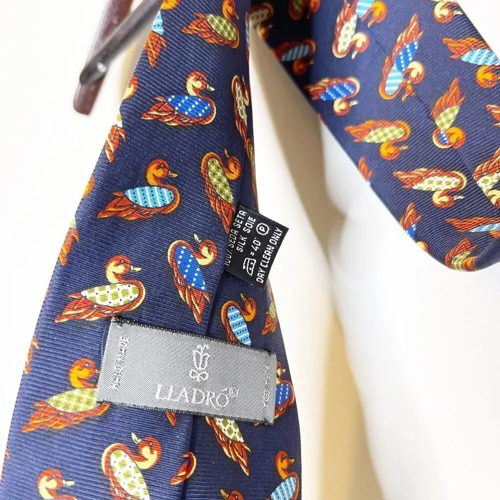 Vintage LLADRO Silk Tie Navy Blue Duck Decoy Made In‎ Spain Classic Designer